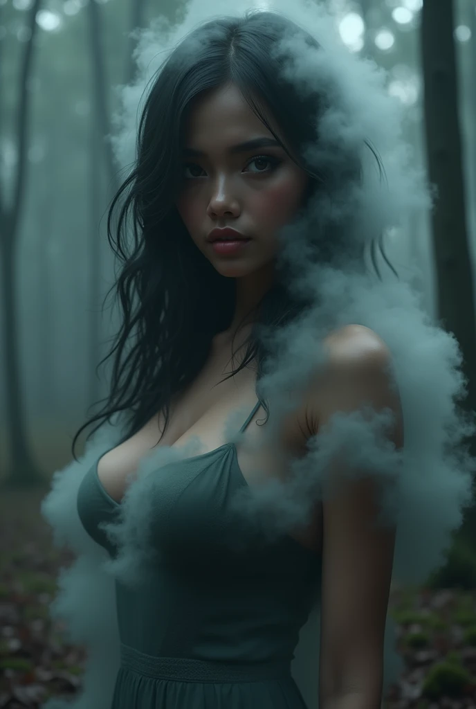 a beautiful very dark tanned woman with perfect and detailed eyes, orange-hair, beautiful detailed lips, colossal breasts, extremely detailed eyes and face, long eyelashes, intricate facial features, elegant expression, Mysterious look, cinematic lighting, high quality 3d rendering, photorealistic, hyperdetailed, masterpiece, Digital art, Conceptual art, Generate a full body image of a sexy dark tanned Malaysian girl in underwear, with the body composed of a dense fog. The fog should be thick and detailed, forming the curves of the body in a mysterious and suggestive way. The face must be visible, but the rest of the body must appear ethereal and nebulous, merging with the environment in a soft and elegant way. The background must be a dark forest, with dark trees and an eerie atmosphere. The image must have a very deep depth of field, making the girl in the foreground stand out clearly against the blurry forest background