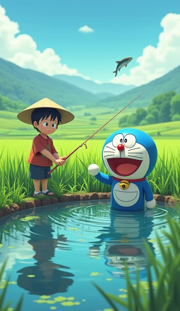 Doraemon catches fish with a -yeld far boy wearing a conical hat in a large pond in the middle of a rice field. 3D image.