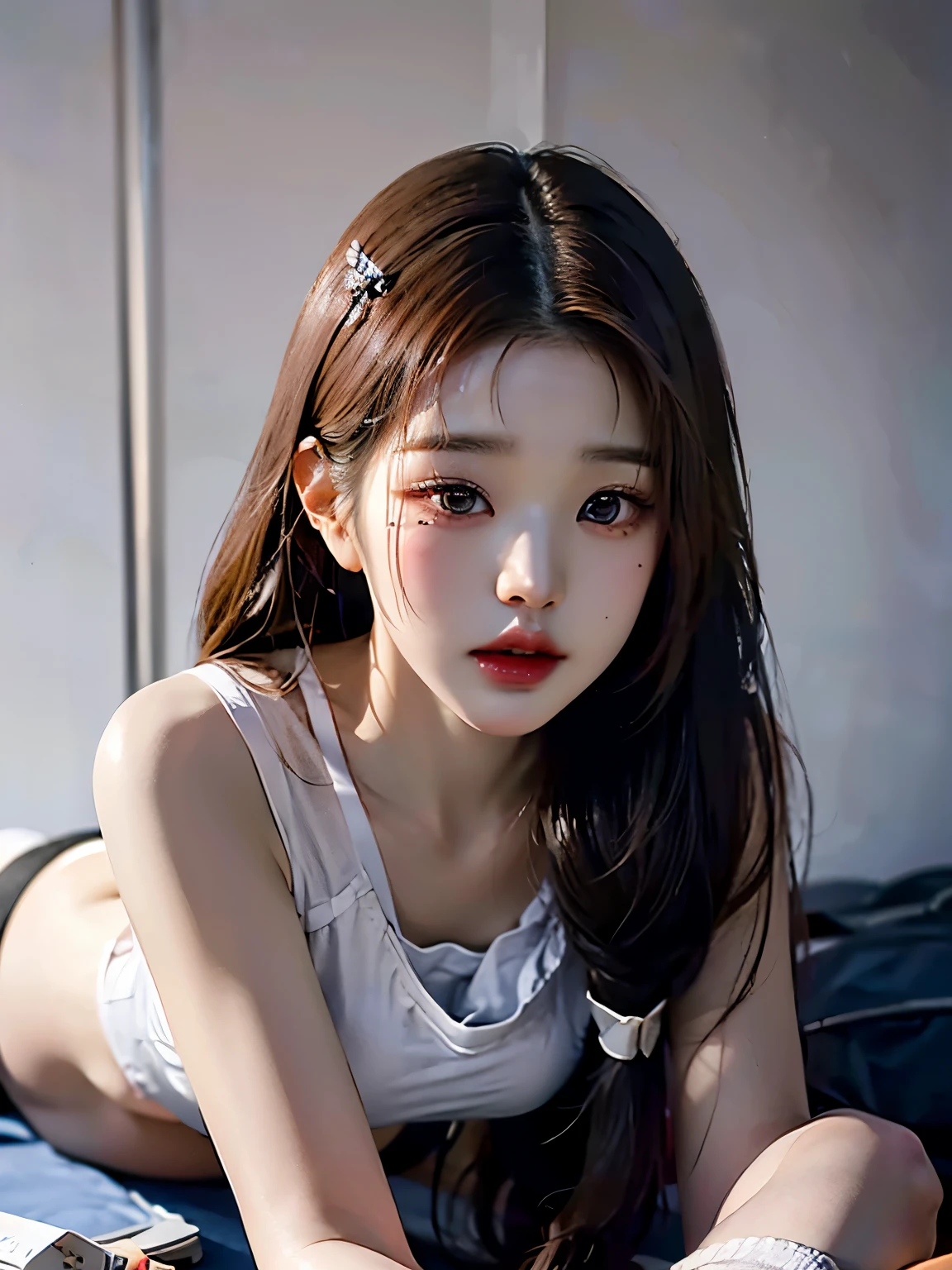 high quality, masterpiece, Very detailed, High resolution, 4K, 超High resolution, Detailed Shadows, Surreal, Dramatic lighting, 1 person, alone, Detailed face, Realistic eyes, Realistic skin, Dynamic Hair, Dynamic pose, Dynamic Angle, White Floral Sports Bra, White Background, run-6500-v1.1, (RAW Photos:1.2), ( Realistic:1.4), Beautiful detailed girl, Very detailed eyes and face, Beautiful and beautiful eyes, that'Ridiculous, incredibly that'Ridiculous, Large file size, Very detailedな, High resolution, Very detailed, 最high quality,((Photograph the whole body:1.8)),(((Include your whole foot in the photo:1.8))),((turn the whole body forward)),(Super long legs)、(超Thin legs),(Her hands are very slender and long),(Super thin waist),(Super long thighs),((Ultra-slim body shape)),
(Bright interior), (Soft Light), (Low contrast), (Shallow depth of field), (Portrait of beautiful woman illuminated by gentle light), (Very delicate and elegant depiction), (Short bangs), (hair color、Dark chestnut with a slight brownish tint。), (Delicate and soft wavy hair), (Small, intricate braids on the side of long hair), (Decorated with thin ribbons), ( She wears a white translucent sports bra with small ruffles.), (bow tie), (Translucent miniskirt), (((No socks))),(((No tights))), shape, Very detailed, CG, Unified, 8k wallpaper, wonderful, Finer details, 最high quality, Very detailed CG Unified 8k wallpaper, Face Light, Cinema Lighting, 1 person, 19 years old, (((No pants))), ((Dynamic pose))),Height 173cm, (Camel Toe), (half), (Sit with your knees bent)),(((Spread the crotch slightly))),((Super long legs)),Beautiful legs,(Ultra-thin thighs),((((肌の露出度がexpensive)))),(Small Ass),(expensive),beautiful girl,cute,((((She looks just like Wonyoung from the Korean idol group IVE.:1.8)))),(((The contours of the vagina are clearly and accurately reproduced.))),(Tight waist),Detailed reproduction of the crotch area,(((超スリムでSuper muscularな陸上選手))),(((Fully erect nipples are clearly reproduced:1.6))),(((Reproduces the contours of the breast in detail and clearly))),((Super muscular, Trained abdominal muscles:1.6)),Super thin waist,(Ultra-slim body shape),股下が身長のhalf,(((Exposed leg skin))),Bold erotic poses,((((Even the cracks of the vagina are reproduced in detail)))),((Anatomically correct:1.3)),(Small Ass),length, Thin legs、Thin and long needle,Ultra-thin thighs,((((Erect nipples and areolae are clearly depicted)))),(((barefoot:1.3))),(Reproduces beautiful leg skin),(Fine skin texture reproduced in minute detail),(Beautiful Skin),超Thin legs,Super long legs,cute,beautiful girl