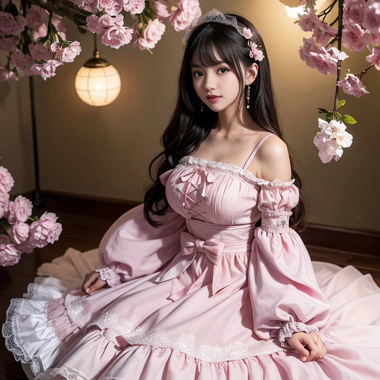 Side view,side angle, Bow tie at the back of the waist, There is a bow on the back,Sideways photo, Skirt length to calf, cupcake dress, Layered skirt with lace on each layer, Put on a lolita dress, layered dress, Pink Lolita dress, lots of lace, Long sleeve, Wide sleeves, Big Skirt, Layered lace skirt, Lace skirt,Puff sleeves, Wide sleeves, Transparent sleeves, intricate details showcase the ruffles and intricate designs of the Lolita dress, Wearing a lolita dress, in a sea of flowers, best quality, Delicate face,beautiful visual work, lifelike, eternity, black hair, Long curly hair, blunt bangs, Smile, Detailed Background, Delicate face,blush,cold,((masterpiece))、(top quality)、8k、high detail、Super detailed,41 years old,woman, masterpiece、born、Scenes resembling fairy tale illustrations、intricate details和複雜的設計、Beautifully、magic、capricious、 Beautifully、Dream aesthetics、「𝓡𝓸𝓶𝓪𝓷𝓽𝓲𝓬、ethereal、charming、fickle、magic」、realism、Visual effects、FXAA、SSAO、Shader、voiceless、ambient lighting、Tone mapping、High resolution、Ultra high quality、Million pixels、(8K resolution:1.10)、8k、8k以下、8K resolution、high detail、intricate details, (high quality:1.2、masterpiece:1.2、:1.21)、(41 years old,woman:1.21)、(興奮地Smile)、(Surrounded by a dreamy atmosphere、Model diagram,full-body shot,Normal 2 feet,Put your hands behind your back,Breast protrusion visible when wearing clothes, Large Breasts, H cup chest, pink dress, Don't show your fingers, full-body shot, full-body shot,full-body shot,full-body shot,full-body shot,full-body shot,full-body shot,full-body shot,Hands hidden in clothes, Hands hidden in clothes,Hands hidden in clothes,Hands hidden in clothes,Hands hidden in clothes,Hands hidden in clothes,Hands hidden in clothes,Hands hidden in clothes,Hands hidden in clothes, ,Hide your hands in your sleeves ,Hide your hands in your sleeves ,Hide your hands in your sleeves ,Hide your hands in your sleeves ,Hide your hands in your sleeves ,Hide your hands in your sleeves ,Hide your hands in your sleeves ,Hide your hands in your sleeves,skirt length to calf, full body photo,full body view,side view