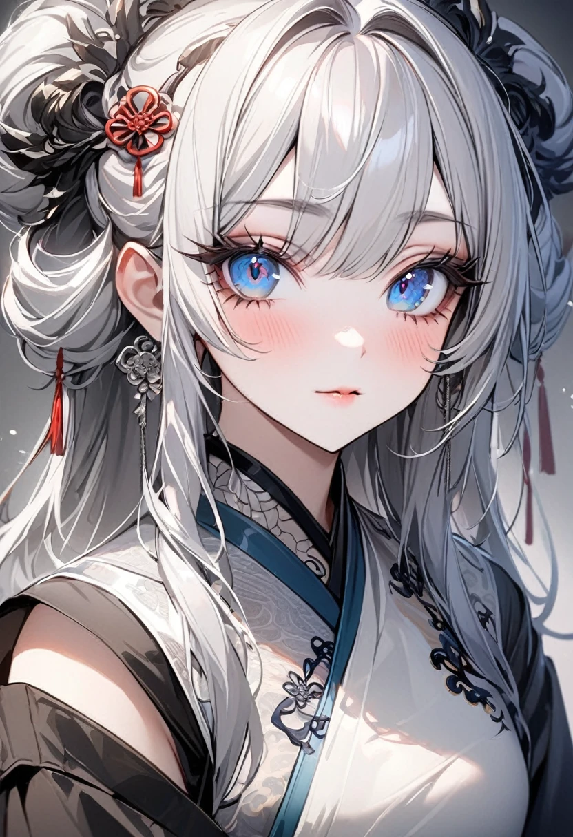((best quality)), ((Masterpiece)), (details), 1 female, adult, look good, beautiful, ใบหน้าbeautifulมาก, Intricately drawn eyes, Long eyelashes, Thick eyelashes, Random Hairstyles , blue eyes, silver hair, portrait photography, Mouth closed, ancient china,  eye shadow, cute