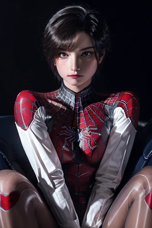 (Extreme Detail CG Unity 8K Wallpaper, masterpiece, of the highest quality), (exquisite lighting and shadow, very dramatic image, cinematic lens effect), a girl in a white Spiderman costume, silver gray hair color, from the Spiderman parallel universe, wenger, Wonderful, Spiderman, sitting on the couch, dynamic pose), (excellent detail, excellent lighting, wide angle), (Excellent rendering, Enough to stand out in its class), focus on white Spiderman costumes, complex spider textures