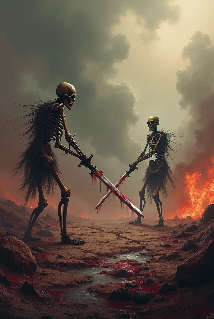 Skulls and sword, blood tainted, scorching flame