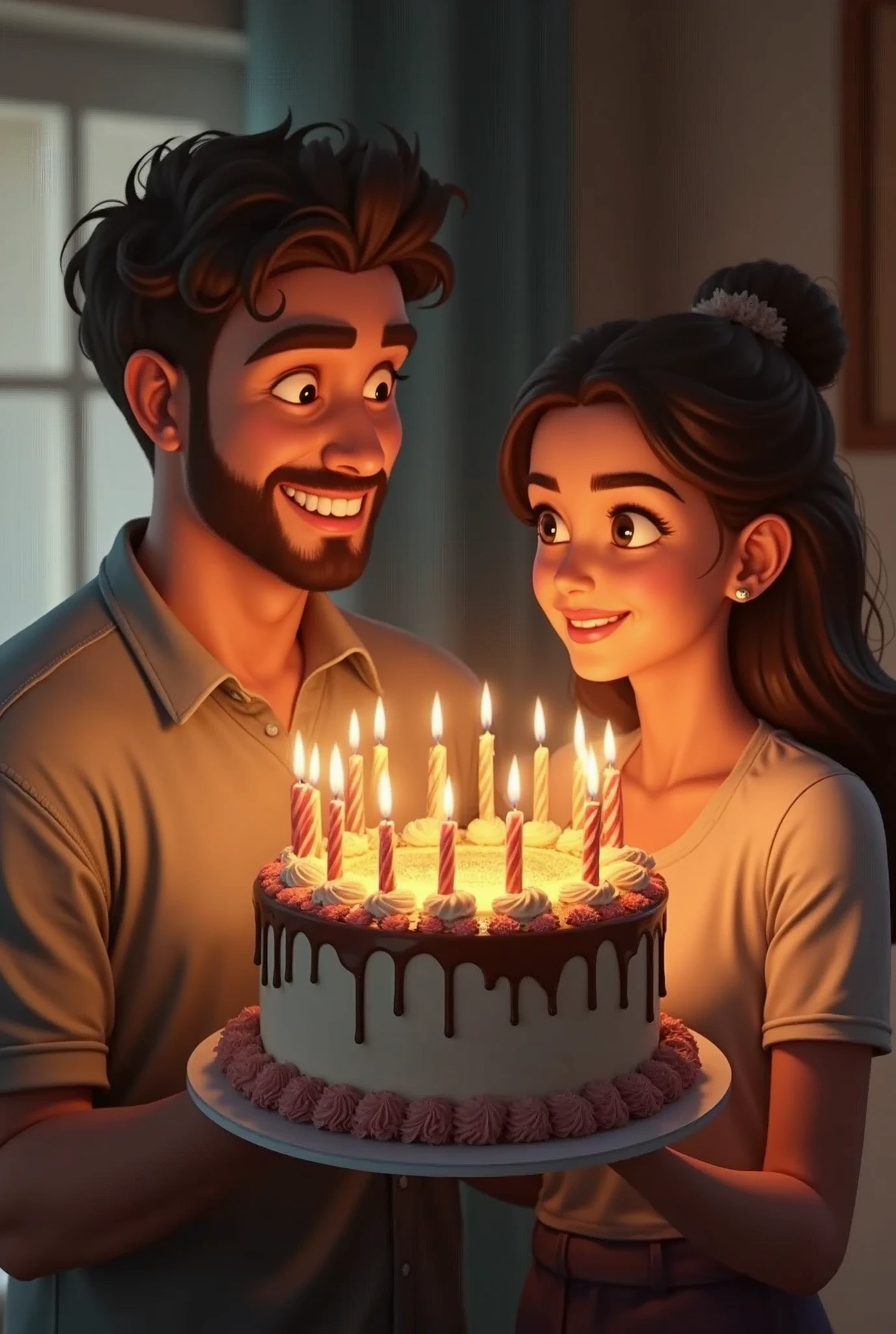 A man is holding a birthday cake with 18 candles and a woman with her hair tied up.