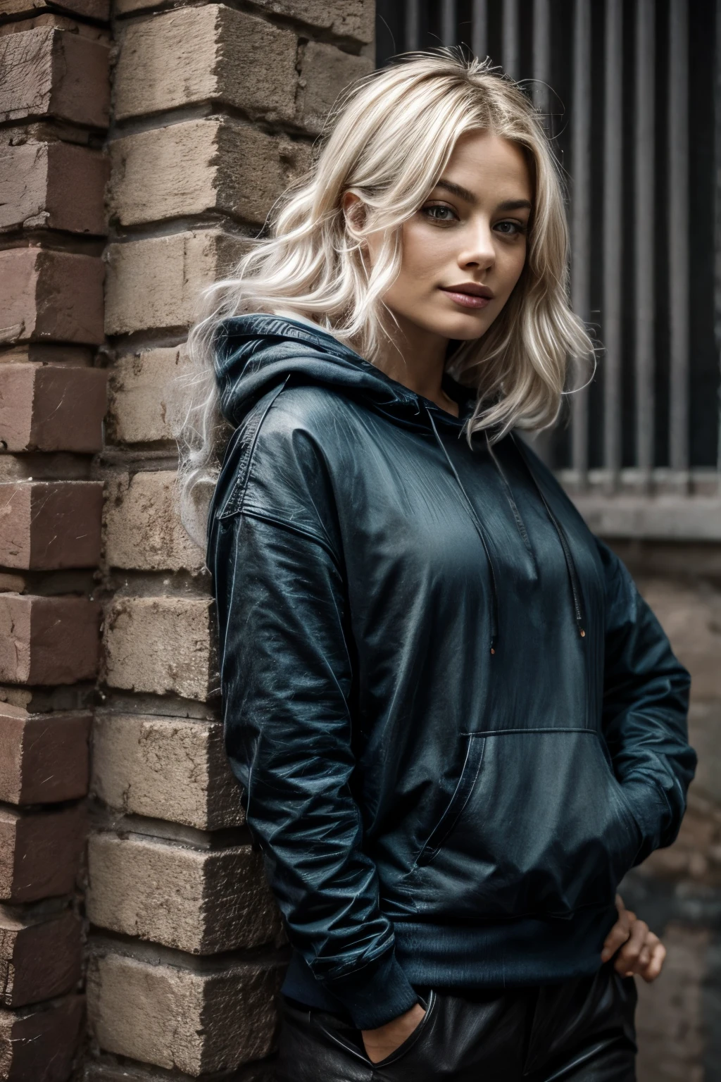 1 girl next door with coloured white hair, Mix out of 50% Margot Robbie and 50% Jennifer Aniston, 172cm height, 68kg weight, soft curly intense red hair, clear real green eyes, long dark black real lashes, perfectly shaped dark black real eyebrows, dark caramel tanned real skin, slim and well-defined body, curvy body, elegant thin real nose, small real ears, full real lips, white real teeth, small soft ladylike real hands, painted fingernails, wearing black hoody and long black pants