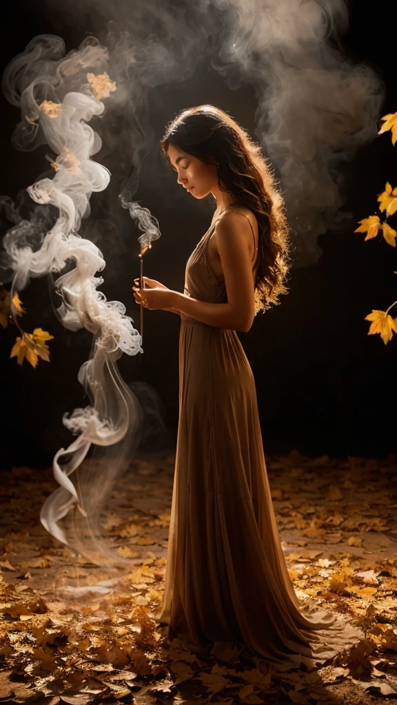 A photorealistic portrait of a singular woman who is at the center of the composition surrounded by vapors.
Her curly hair falls delicately over her face, creating a natural frame. She holds a lit incense stick with perfect fingers, while her reflective expression focuses on the flame. The long light brown dress flows smoothly around her, and her bare feet touch the floor with soft, moderate movements.
The background is deep black, contrasting with the texture of the artwork. The soft lighting would highlight the contours of the woman's face, creating a tranquil and mysterious atmosphere. The incense stick emits a soft light, adding an ethereal touch to the scene. It has innovative aesthetic features, approved by the academic criteria adopted by aestheticians and visual arts curators. The high contrast between the deep black background and the texture of the artwork evokes a sense of tranquillity.