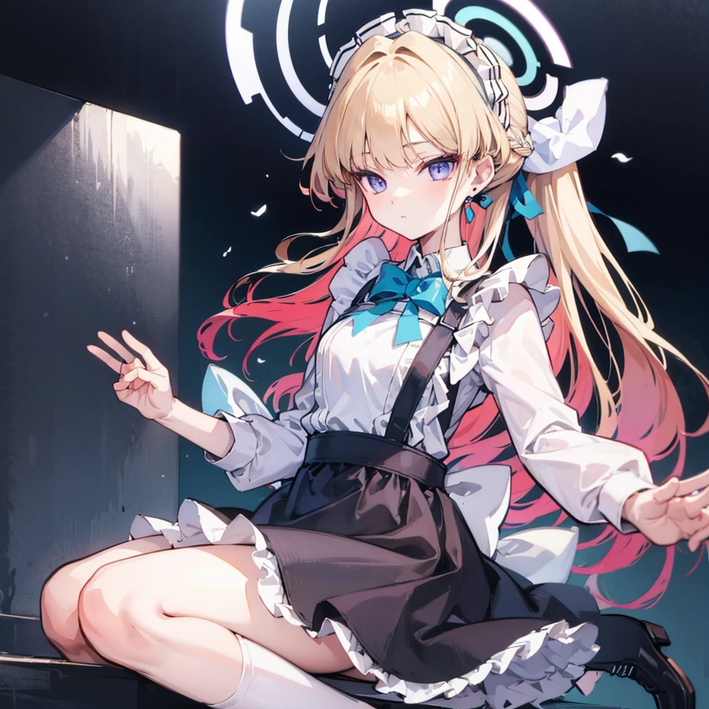 masterpiece,(best quality, illustration,Delicate face:1.3),(1 Girl,Solitary:1.3),Beautiful and delicate eyes, apron, slope_background, slope, maid, Purple Eyes,red hair,Small Breasts,, rest, enmaided, White_apron, Black_skirt, Ponytail, Black_Footwear, Frilly_apron, skirt, maid_apron, Backup_hair,very long hair, _Ponytail, Halo
