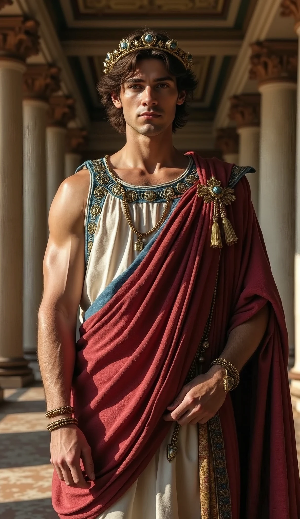 Front view , Full-body looking at viewer, sole, Antonius standing in an ancient Roman palace, a male is 41 years old, handsome,( wave perm , brown hair , serious), normal body, ((An ancient Roman emperor wearing traditional imperial attire, Including a toga praetexta with blue borders, Laurel wreath)), And other royal accessories, Standing in a grand ,(Textured skin , HI Detail Skin, (Shorthand, Canon, 8k, Anatomically correct, Super Detail, Attention to detail, Your Highness)