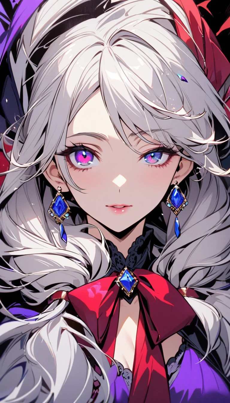 girl, mature, white hair, diamond earings, long hair, low twin tails, red bow on hair, two color eyes, blue right eye, purple left eye, adult. front face, beautiful