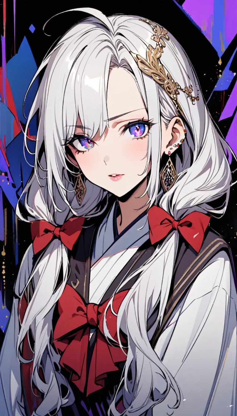 girl, mature, white hair, diamond earings, long hair, low twin tails, red bow on hair, two color eyes, blue right eye, purple left eye, adult. front face, beautiful