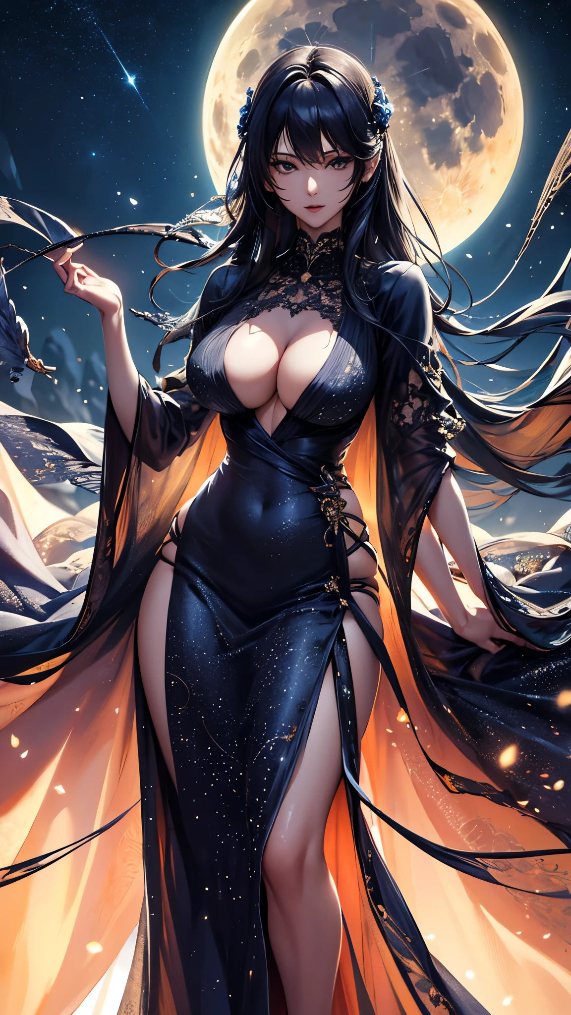 masterpiece, high quality, 4K, Beautiful design, silhouette，bionde， Highly Detailed Starry Sky at Night,Flower Field， wonderful, Finer details,  Very knowledgeable woman, Highly detailed solo, 1 female,Big Breasts，dress，Night view，Starry Sky，full moon，