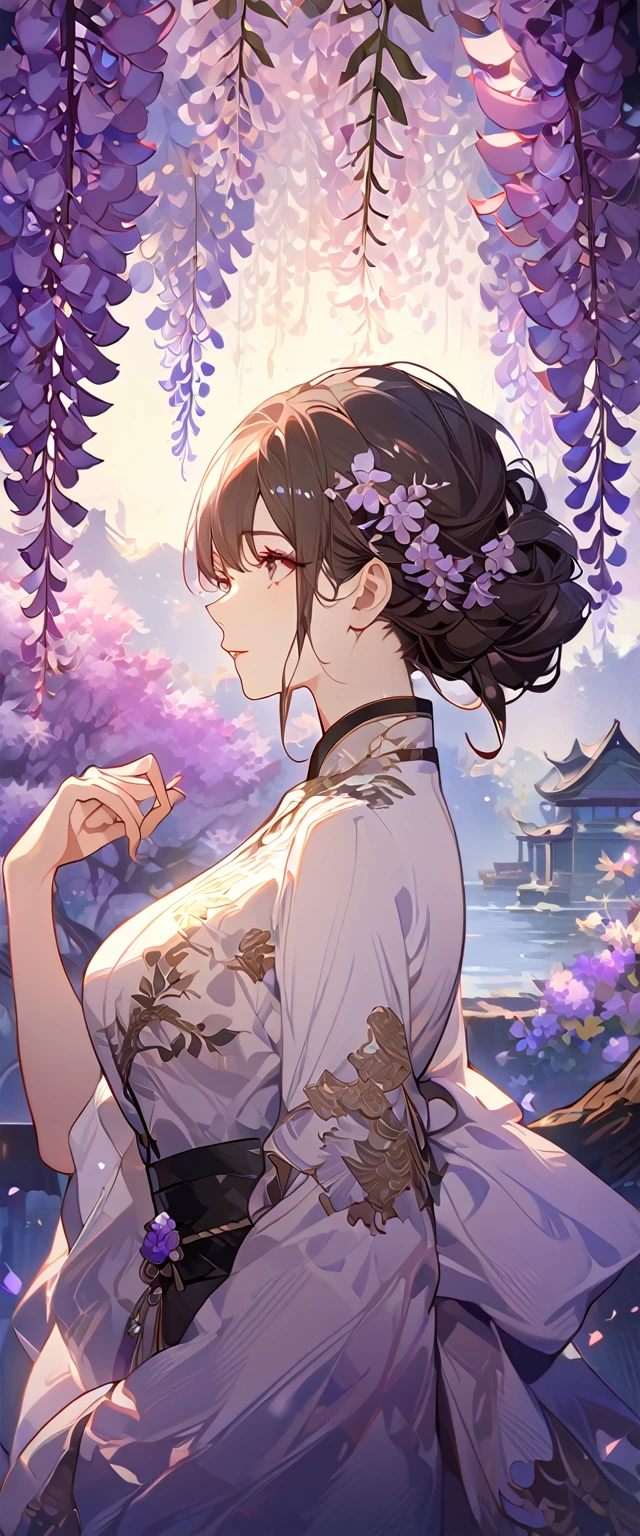 wisteria flower, wisteria tree, wisteria background, 8k ,4k , best quality, high quality, masterpiece, embroidery  clothes, big chest, all kind of hairstyle, inspired by Asukaziye artist : ask, art style : ask