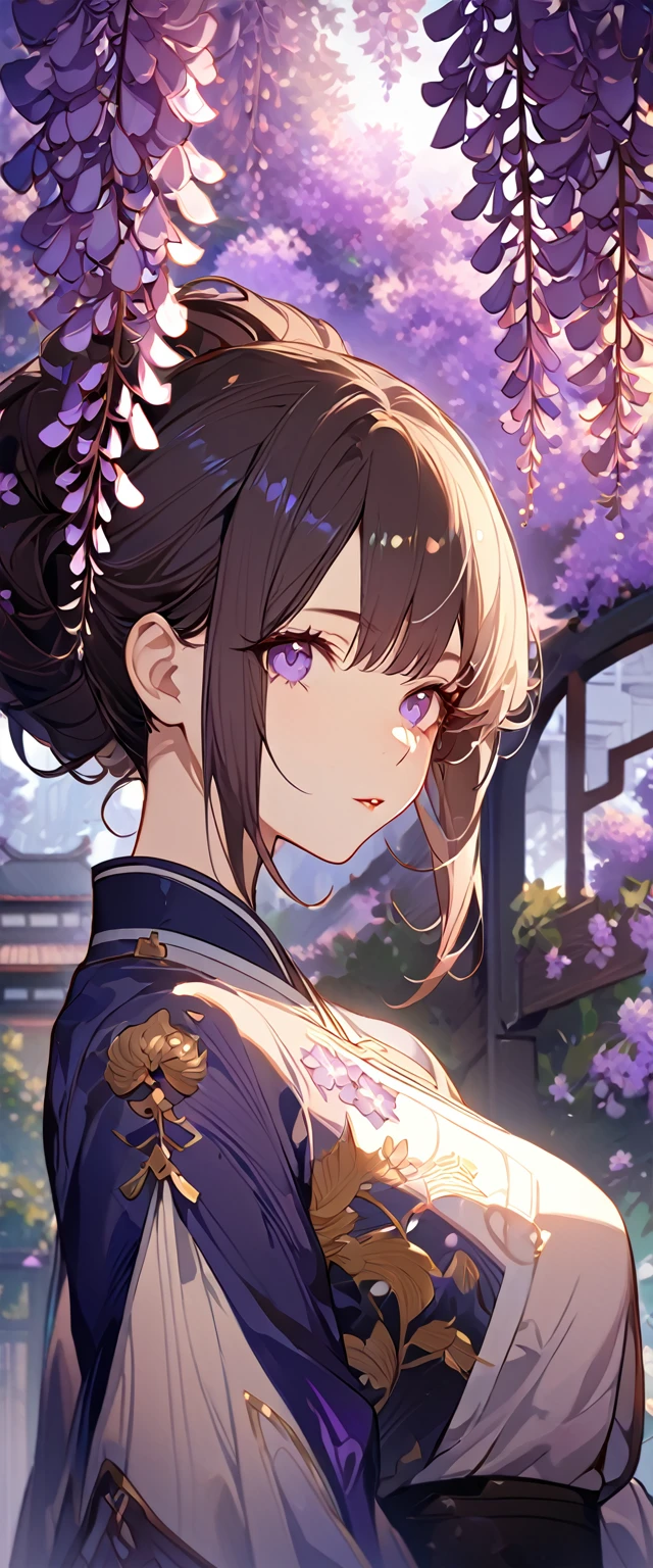 wisteria flower, wisteria tree, wisteria background, 8k ,4k , best quality, high quality, masterpiece, embroidery  clothes, big chest, all kind of hairstyle, inspired by Asukaziye artist : ask, art style : ask