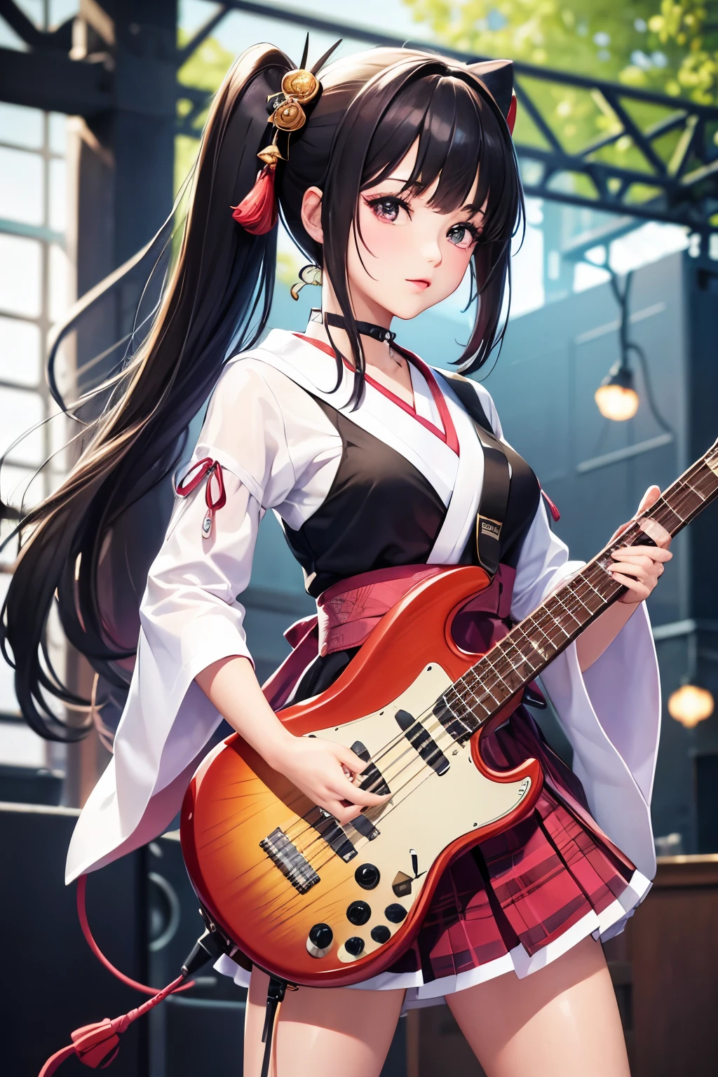 masterpiece, best quality, highly detailed, high resolution, expensive resolution, high resolution, 4k, 8k, Unity 8k wallpaper, highly detailed CG, masterpiece, 2d, 3d, beautiful details, depth, fine texture, best quality: 1.3, perfect focus, crispy skin, he, very cute anime girl, beautiful and cute girl in band playing bass guitar and singing in band wearing Japanese fancy patterned haori hakama on outdoor stage, full body, expensive black hair with pink inner short twin tail hair, mole under eye, looking at the viewer, expensive, blush, mole, open lips, , heart shaped choker, pink eyes, bass guitar, vocals, stage, outdoor festival stage