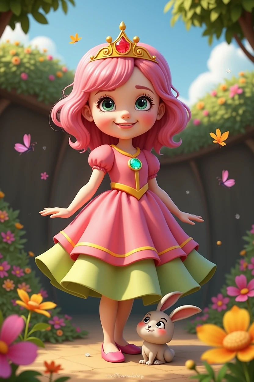 Cover Illustration:
- A whimsical scene depicting Princess Pip in her bright pink dress, with a big, sparkling button. She is standing in a lush green garden, surrounded by blooming flowers and butterflies. Bun Bun the bunny sits beside her, looking up at her with a playful smile. The overall tone of the illustration should be bright, cheerful, and inviting.