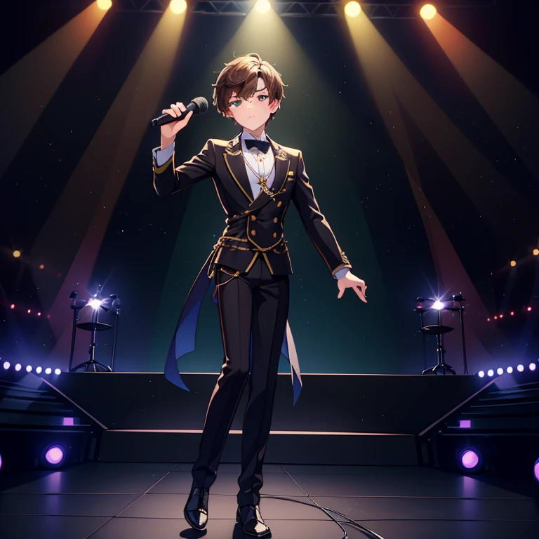 Masterpiece, best quality, high quality, 1boy, Solo, 21 years old, has Short Brown hair, has Green eyes, handsome face, Anatomically correct, has correct hand, slim body, wears a rock band outfit clothes, singing, standing, on the stage, in front of the Microphone, Dark in the room, colorfull Lamps lights