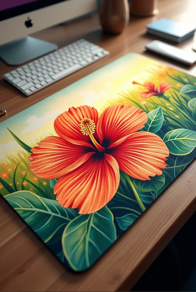 The teacher's desk mat is themed with independence and hibiscus flowers.