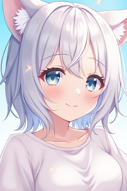 One person,, High resolution, Silver Hair, Shiny Hair, chest, blue eyes, First Person View, Sparkle Effect, realism, Gentle colors, happiness/joy, Cat ear,