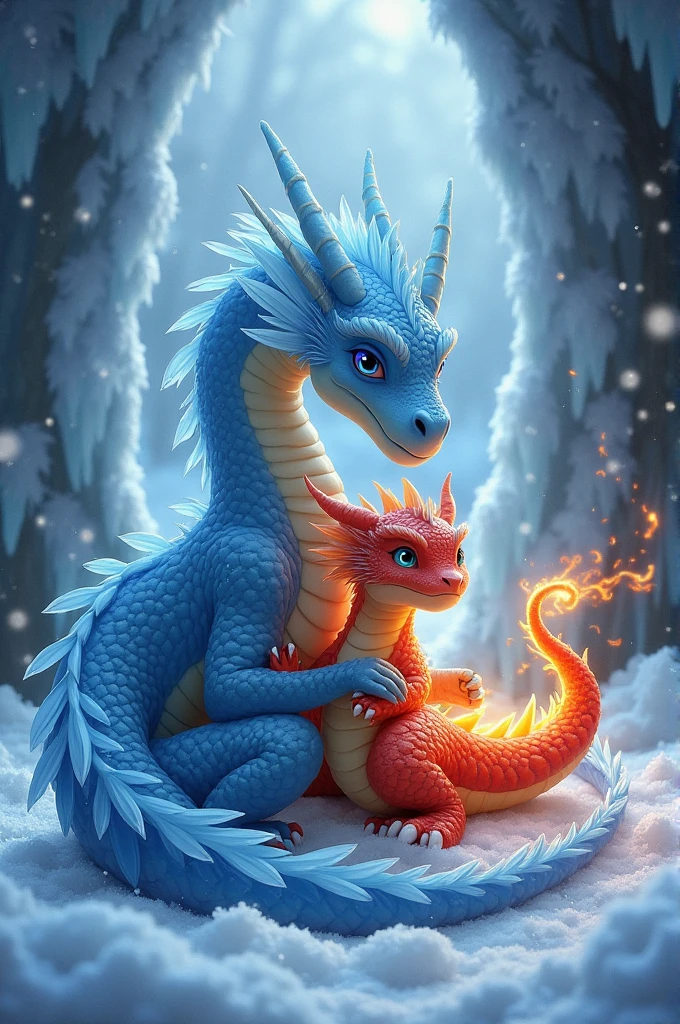 Ice dragon caring for a little fire dragon