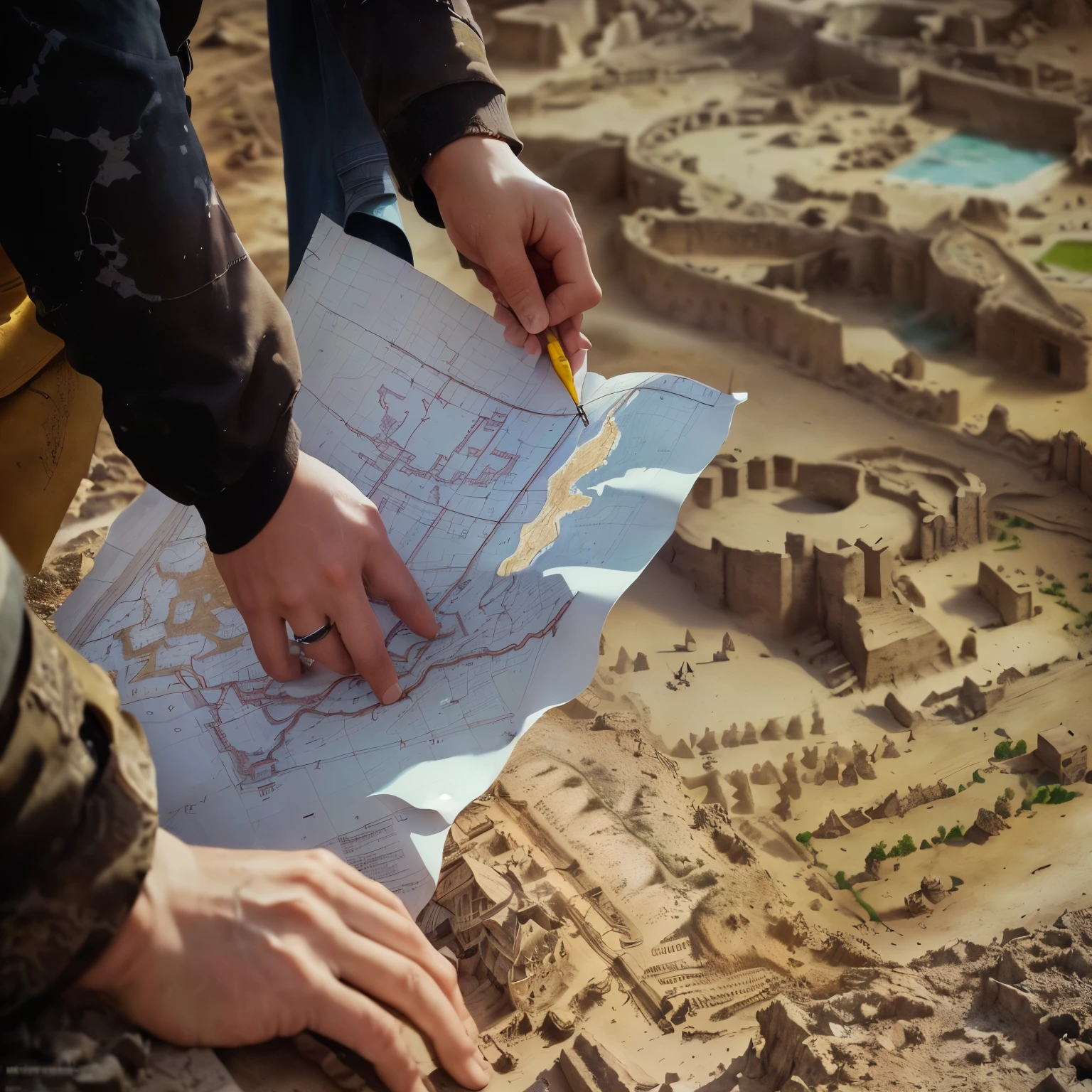 someone is drawing a map on a piece of paper with a pencil, archaeological excavation scene, archeological discover, focus on the map, Cartographic, illuminating the area, mapping, exploration, educational, Archaeological Achado, arcology, mixed art, geomorphology, by Alexander Fedosav, photojournalism, detailed ambient, map mapping