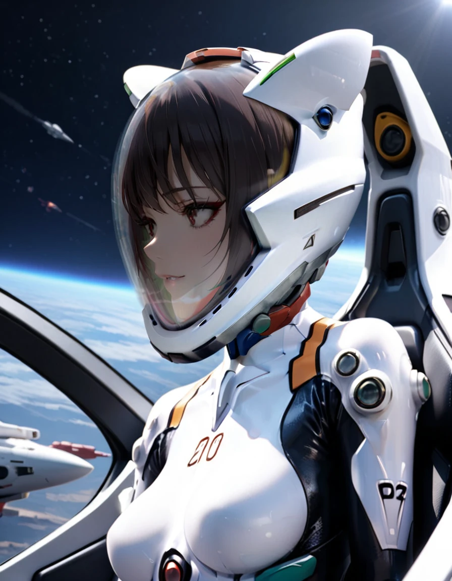 ( short hair,emo, blue hair, red eyes, eyeliner, apocalypse, girl, nside the (cockpit) of a (futuristic spaceship:1.6), , blush,sitting on a chair, covered navel, space helmet, muvluv, eva helm, plugsuit , evangelion, helmet, eva helm,plugsuit, WHITE bodysuit,evangelion,WHITE helmet, space helmeT, cat ears, GIRL, short hair, ,, SPACE  SMILE,  upper body, from side