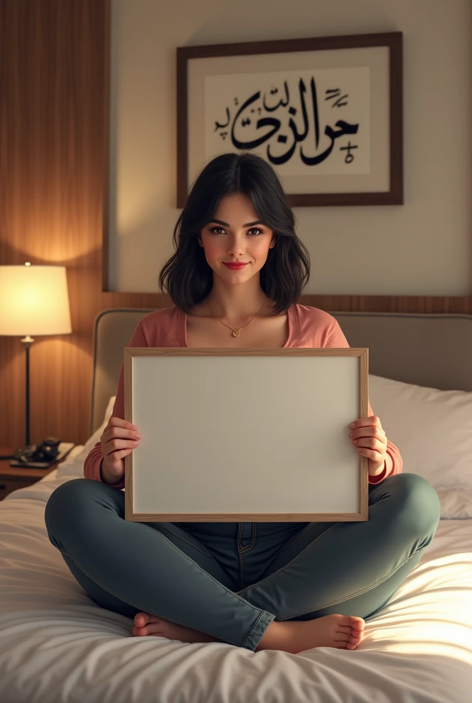 Une femme brune. Les cheveux raides, pas longs, de couleurs noirs. Une femme un peu volumineuse par sa forme physique. Assise dans une grande chambre d'hôtel, sur un lit de l'hôtel, souriante, la tête droite, le regard droit fixé vers l'avant, portant dans ses mains une grande photo qu'elle montre bien vers l'avant de sorte que la photo qu'elle montre soit un peu décollée de sa poitrine et derrière elle, accroché sur le mur, un tableau avec des écritures en arabe bien lisible.