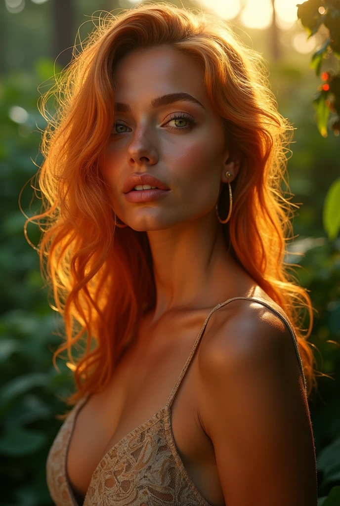 1 gorgeous European dark tanned woman. 23 years old She's a playmate and men magazine supermodel. orange wavy hair. Cleavage. BREAK photorealistic. UHD, Masterpiece, Backlight, ((golden hour)) extreme portrait closeup shot. BREAK Outside in a deep dense jungle.
