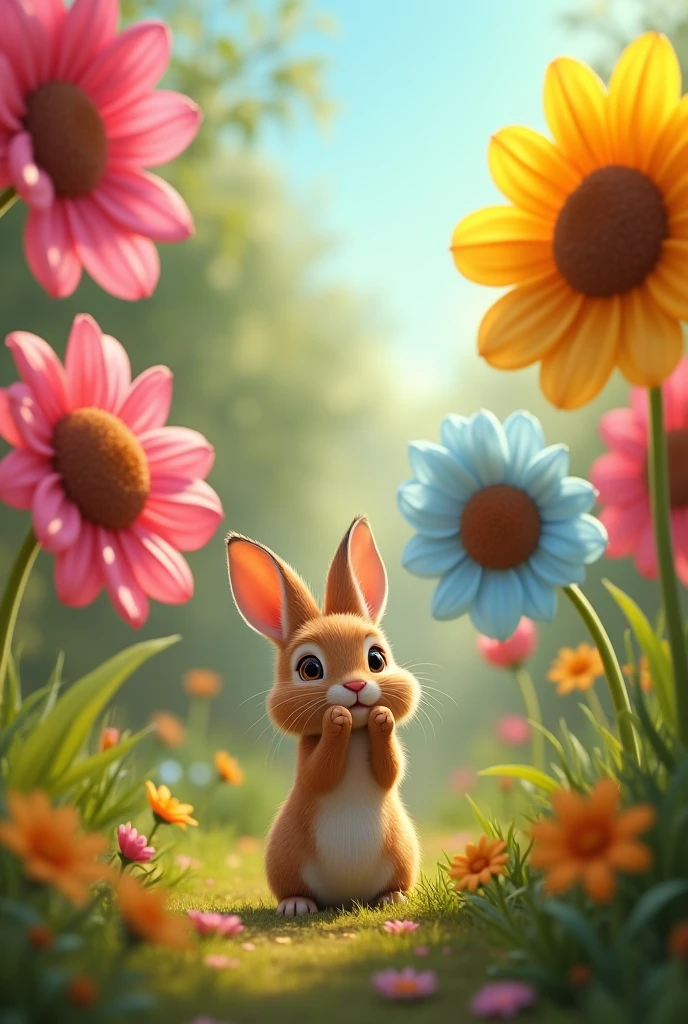 A small, adventurous rabbit named Max, close to a group of colorful, animated flowers with faces, singing in harmony. Their petals move rhythmically as they sing, and Max looks amazed, his little paws up to his face in surprise as the flowers greet him by name.
