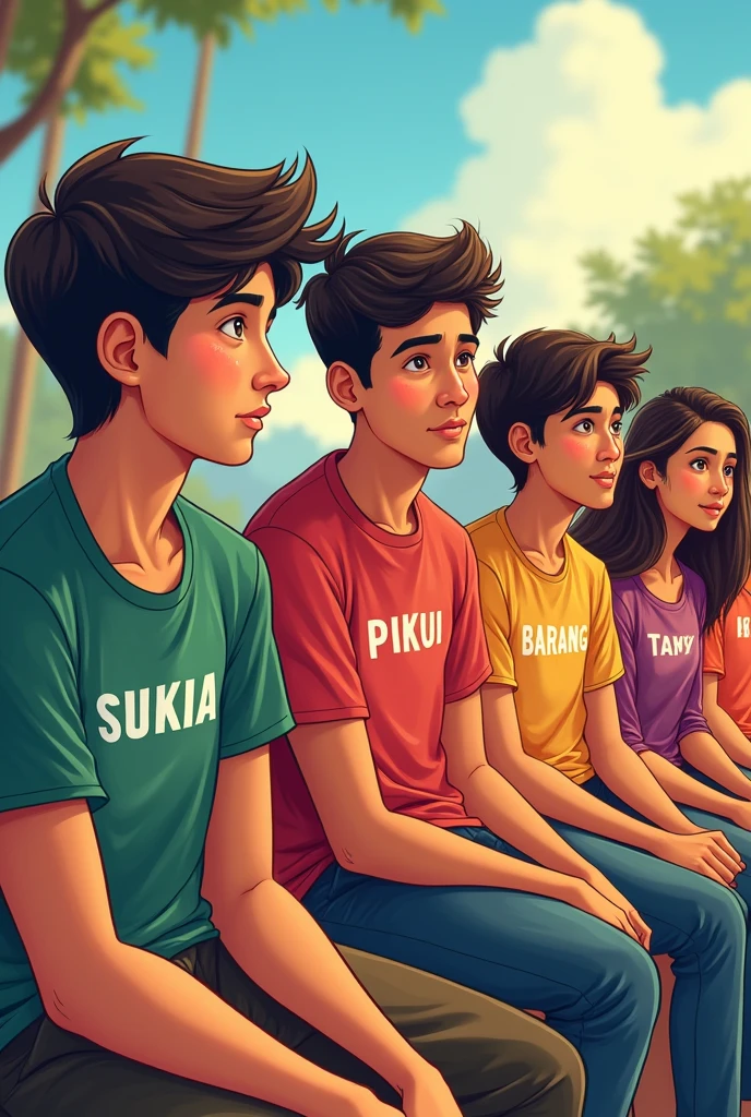 Boys friends are sitting in line and looking at 2 girls They are Ujwalla, Supriya and laughing  in a half moon and other time of a days and their names are Piku, Suman, Bajrang, Sudan, Sumit printed on their shirt  that show name clearly
