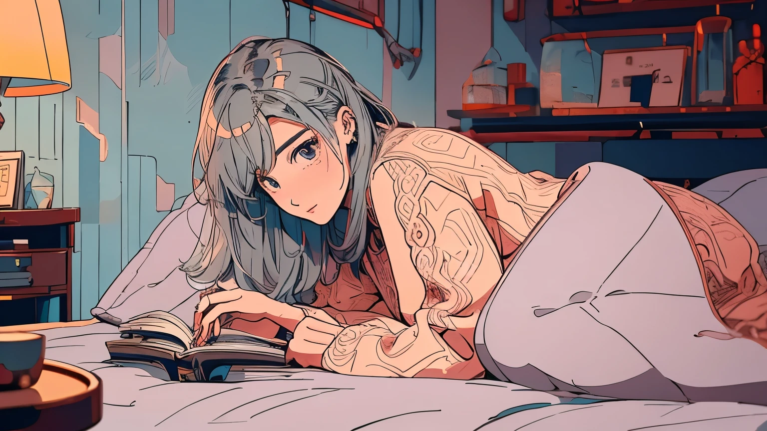 1 woman, attractive, beautiful, detailed face, relaxed face expression, subtle smile, detailed hair, gray color hair, lying on bed, wearing pajamas, looking down at book, in bedroom, lit by dim lamp, all muted tones, simple background