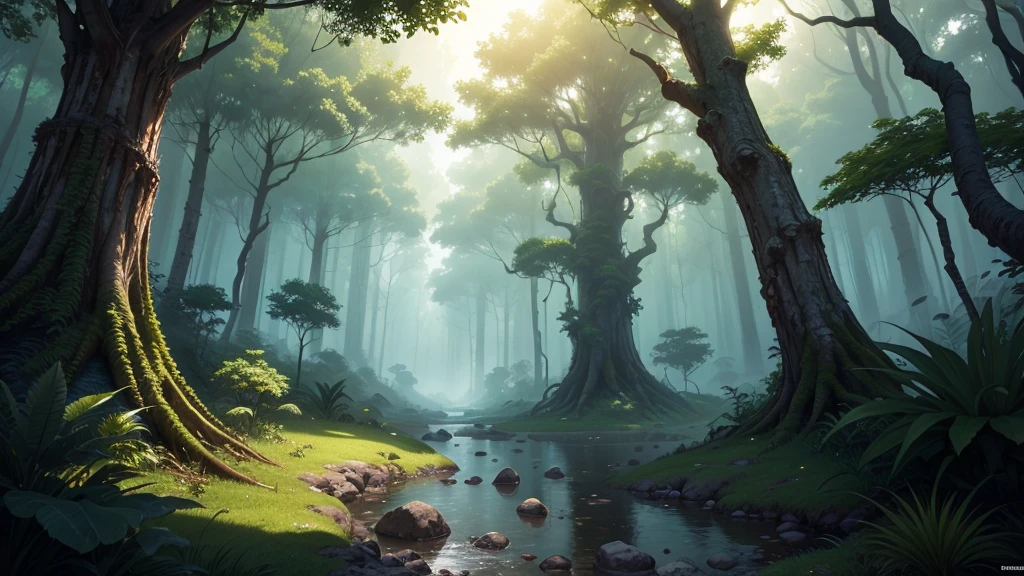 (High quality, highly detailed, UHD, masterpiece), Ancient Forest, deep jungle, jungle wallpaper, beautiful scenery, (Anime), 2.5d