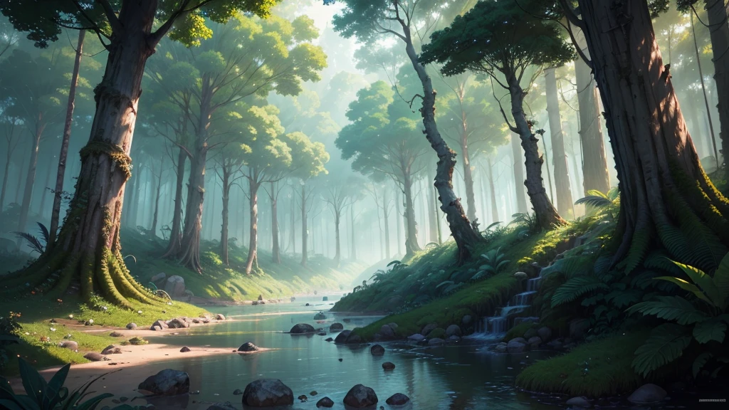 (High quality, highly detailed, UHD, masterpiece), Ancient Forest, deep jungle, jungle wallpaper, beautiful scenery, (Anime), 2.5d