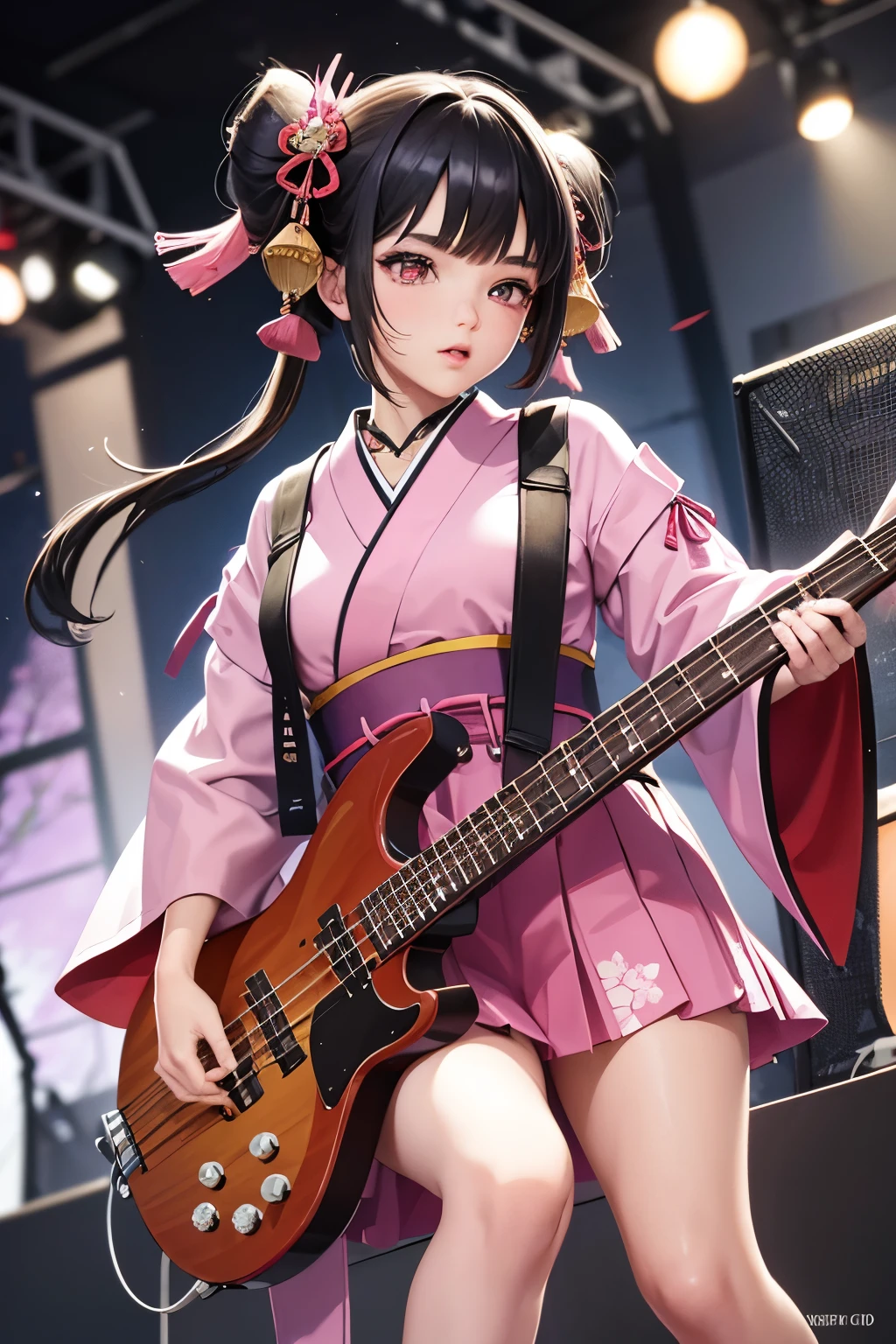 masterpiece, best quality, highly detailed, high resolution, expensive resolution, high resolution, 4k, 8k, Unity 8k wallpaper, highly detailed CG, masterpiece, 2d, 3d, beautiful details, depth, fine texture, best quality: 1.3, perfect focus, crispy skin, he, very cute anime girl, beautiful and cute girl in band playing bass guitar and singing in band wearing Japanese fancy patterned haori hakama on outdoor stage, full body, expensive black hair with pink inner short twin tail hair, mole under eye, looking at the viewer, expensive, blush, mole, open lips, , heart shaped choker, pink eyes, bass guitar, vocals, stage, outdoor festival stage