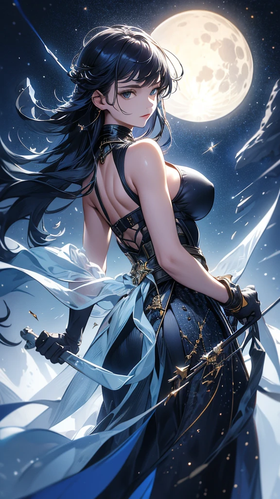 masterpiece, high quality, 4K, Beautiful design, silhouette,bionde, Highly Detailed Starry Sky at Night,Cold ice world, wonderful, Finer details, Very knowledgeable woman, Highly detailed solo, 1 female,Big Breasts,Butt Emphasis,High-neck dress,Sleeveless,Night view,Starry Sky,full moon,firework,