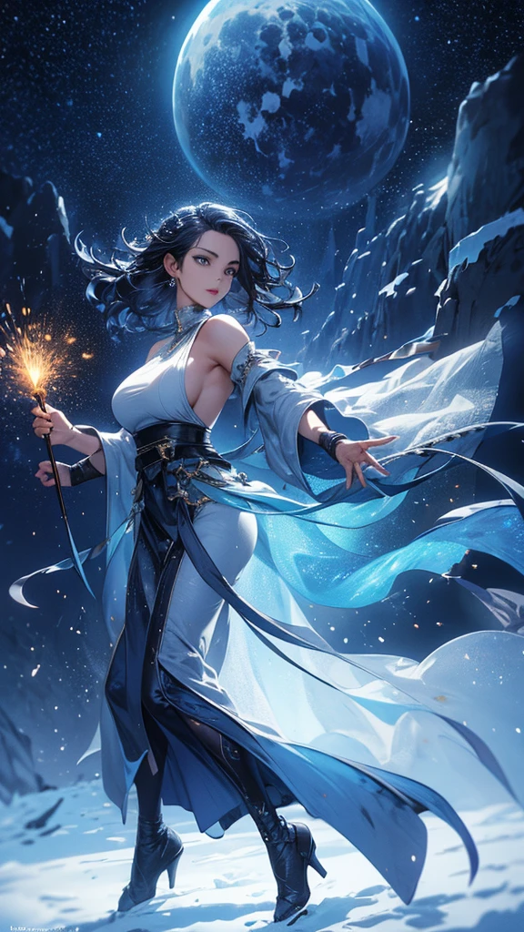 masterpiece, high quality, 4K, Beautiful design, silhouette,bionde, Highly Detailed Starry Sky at Night,Cold ice world, wonderful, Finer details, Very knowledgeable woman, Highly detailed solo, 1 female,Big Breasts,Butt Emphasis,High-neck dress,Sleeveless,Night view,Starry Sky,full moon,firework,