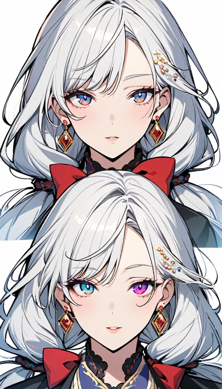 girl, mature, white hair, diamond earings, long hair, low twin tails, red bow on hair, two color eyes, blue right eye, purple left eye, adult. front face, beautiful