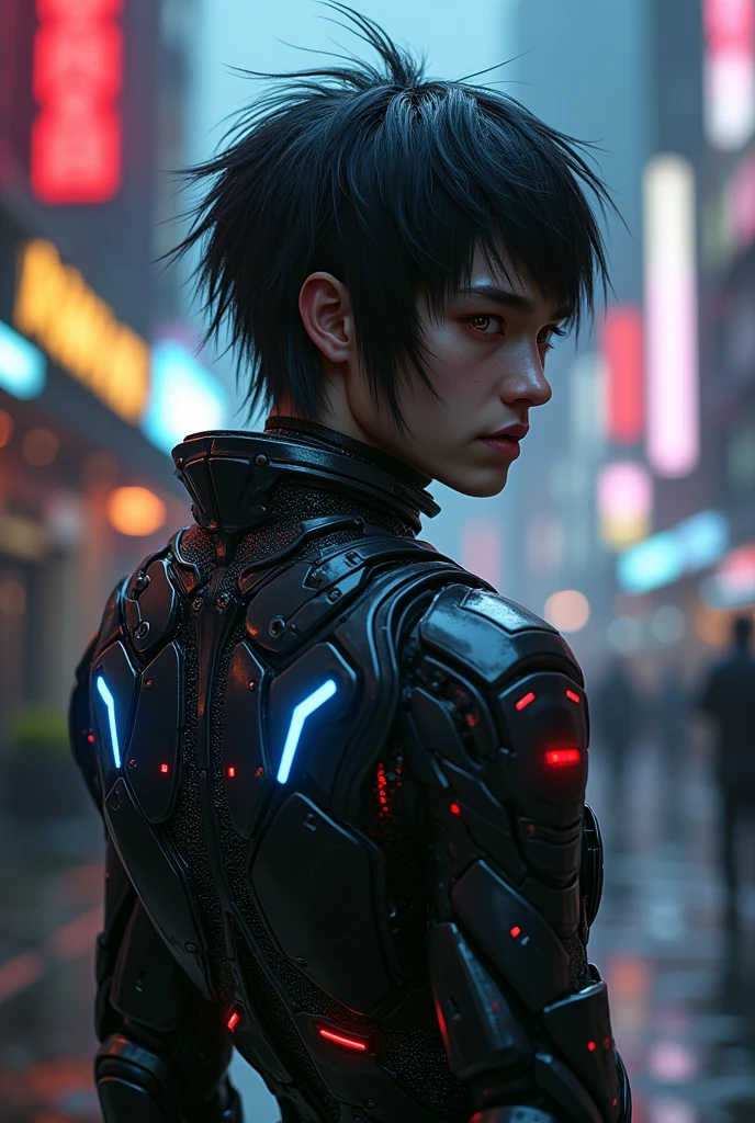 A male cyberpunk with black hair and red eyes, who is also a cyborg.