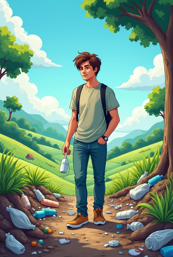 an idea for the image:

bottom: A rural landscape with green fields, trees and a clear sky.
Cartoon of the Young Man: A young man in casual clothes, in a carefree attitude, Throwing plastic, snack bags and soda bottles on the ground.
Details: Show the earth and the soil starting to be covered with waste, perhaps with some plants or animals affected to highlight the environmental impact.
Text: Include the name of the institution and the title of the PRAE, highlighting the importance of recycling and environmental protection.