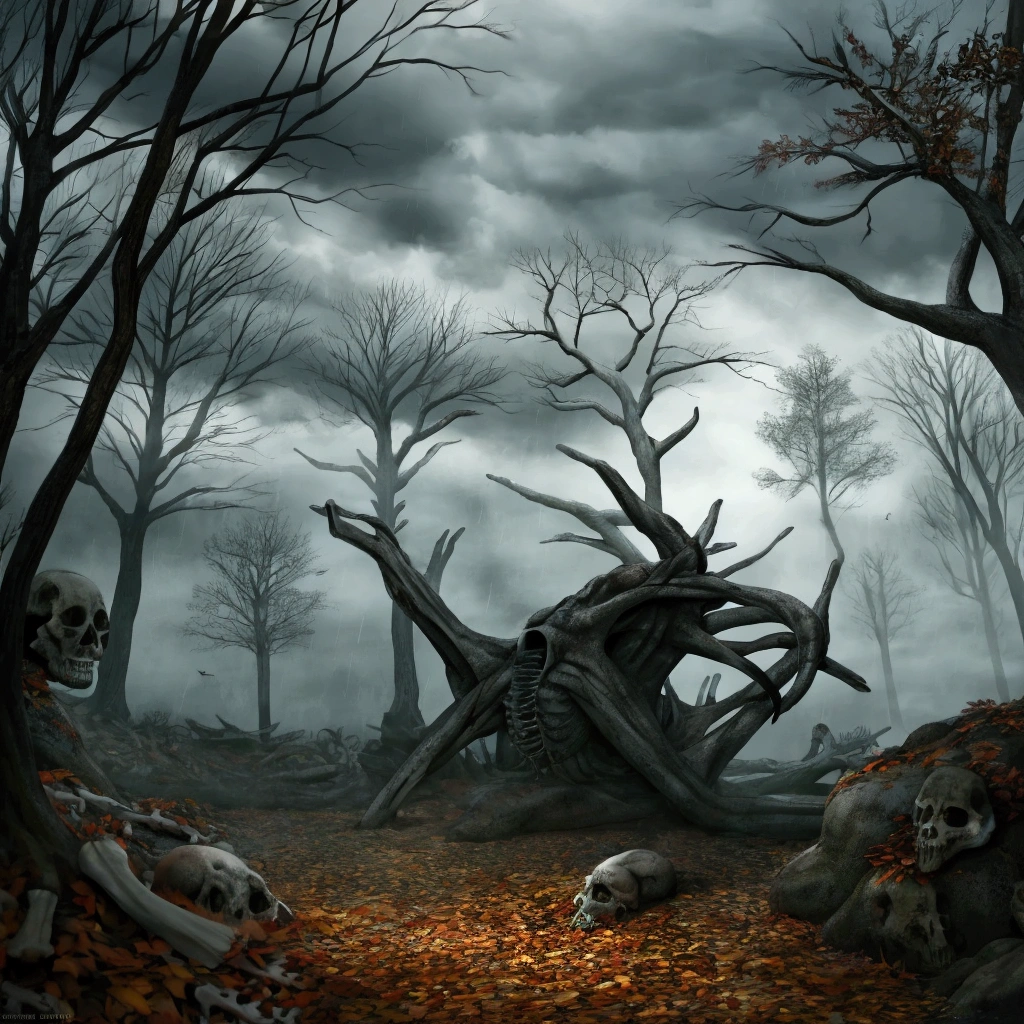 detailed autumn forest scene, silhouetted figure in fallen leaves and bones, chiaroscuro lighting, ominous atmosphere, dark tones, cinematic composition, detailed textures, dramatic shadows and highlights, eerie and unsettling, photorealistic, masterpiece, 8k, extremely detailed, horror, extremely detailed bones and monster remains