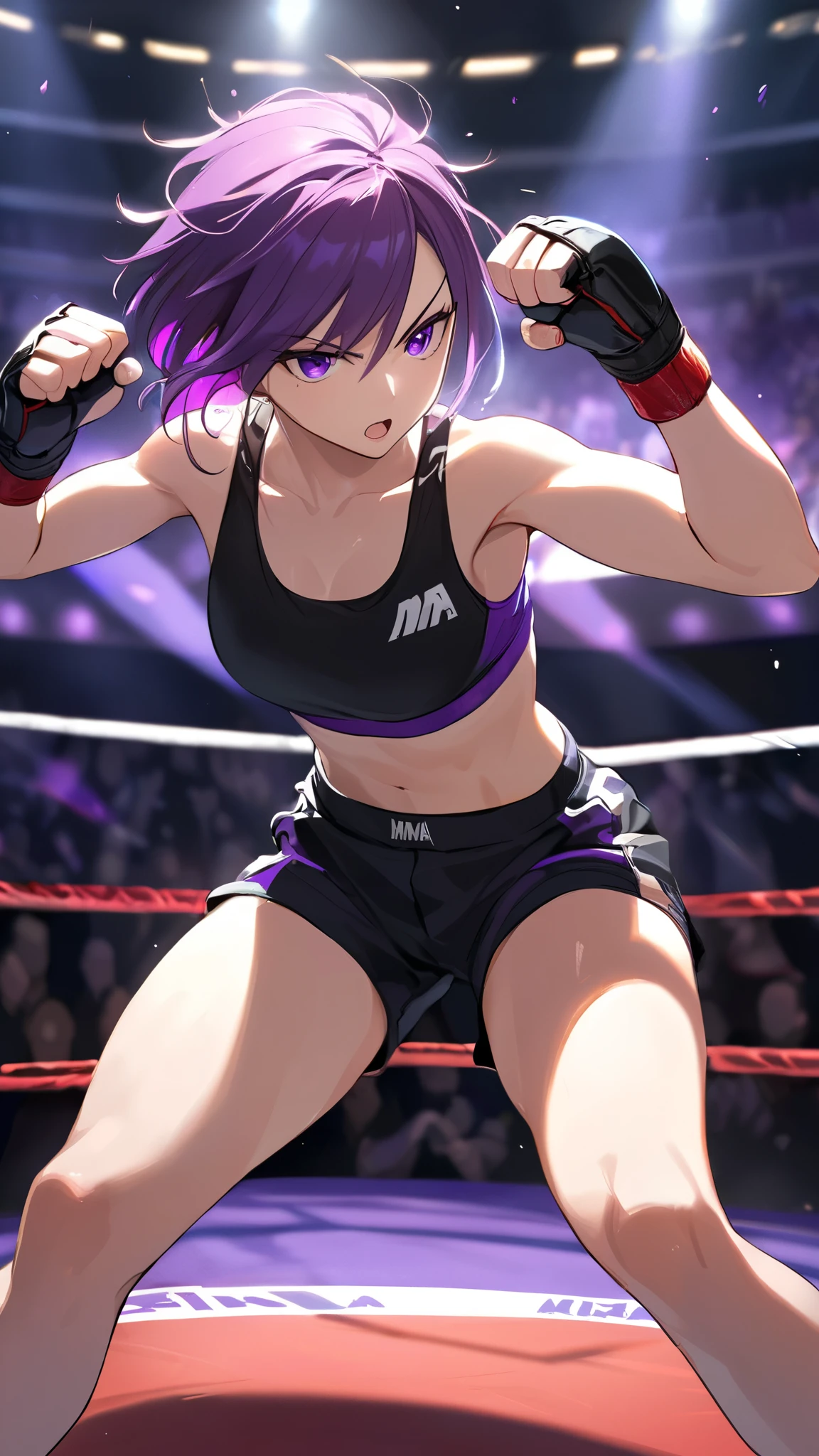 (MMA Arena :1.1), (Lighting:1.1), (Shadow:1.1), masterpiece, best quality, Multi haired Short black, Wearing half black and half purple jacket, wearing fingerless gloves, black tank top shirt, black shorts, purple pupil eyes, Punching Pose, Intimidate Face, MMA Arena.