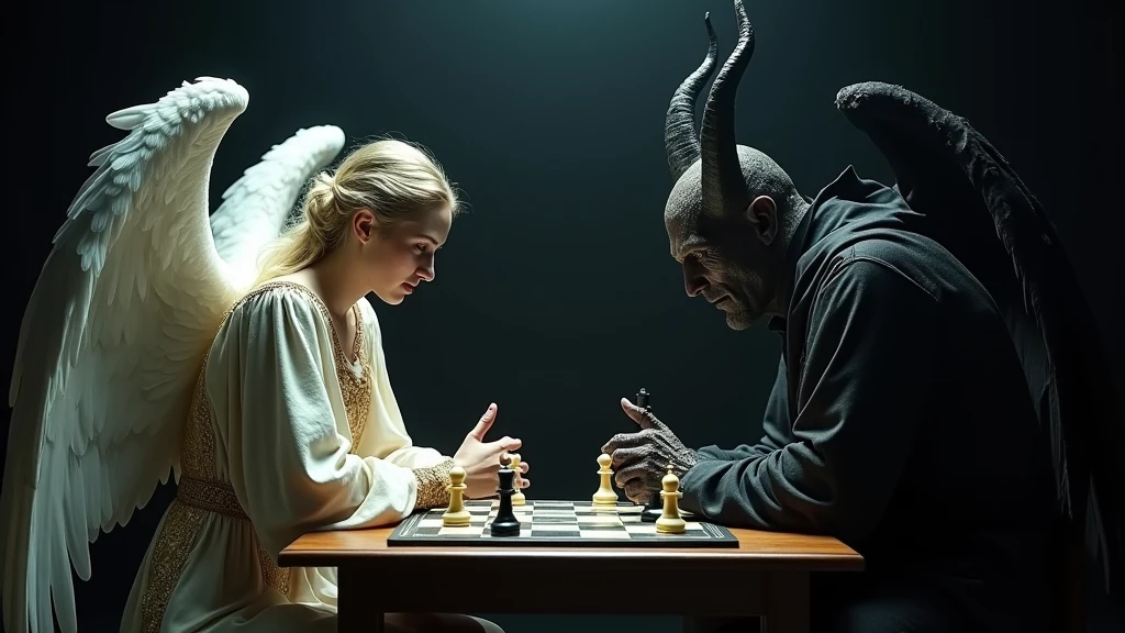 An ultra-realistic and highly detailed image of an angel playing chess with a demon. The environment is dark, and the background is completely black. The photo is taken from the side, capturing both players. The angel wears light-colored clothing with gold details and has beautiful, white wings. The demon wears all-black clothing and has a pointed tail and a pair of black horns. The scene is captured with a Sony A7R IV paired with a 24-70mm f/2.8 GM lens, ensuring stunning clarity and rich details. The lighting is dramatic, with a spotlight highlighting the chessboard and the contrasting figures of the angel and the demon. The aspect ratio is 16:9, emphasizing the horizontal composition
