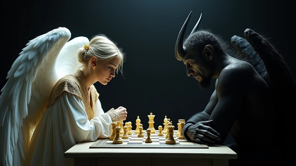 An ultra-realistic and highly detailed image of a beautiful woman sitting at a black stone table and playing golden chess with a demon. The surroundings are dark and the background is completely black. The photo was taken from the side, shows the two players. The woman is dressed in light clothing with gold details. The demon is dressed all in black, has a pointed tail and a pair of black horns, fire comes out of him. The scene was filmed on a Sony A7R IV camera with a 24-70mm f lens/2.8GM, which provides incredible clarity and richness of detail. The lighting is impressive, the spotlight illuminates the chessboard and the contrasting figures of an angel and a demon. The ratio is 16:9 -imagine