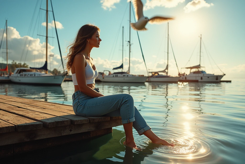 A tranquil scene inspired by the work of Pino Daeni: a contemplative mature female figure sits on a weathered wooden bridge, her feet immersed in the water. Her rolled-up pants give her confidence. In the background you can see a sailing marina with boats moored like small islands and seagulls soaring overhead against a brilliant summer sky. Warm sunlight casts dramatic shadows, creating a captivating chiaroscuro effect.