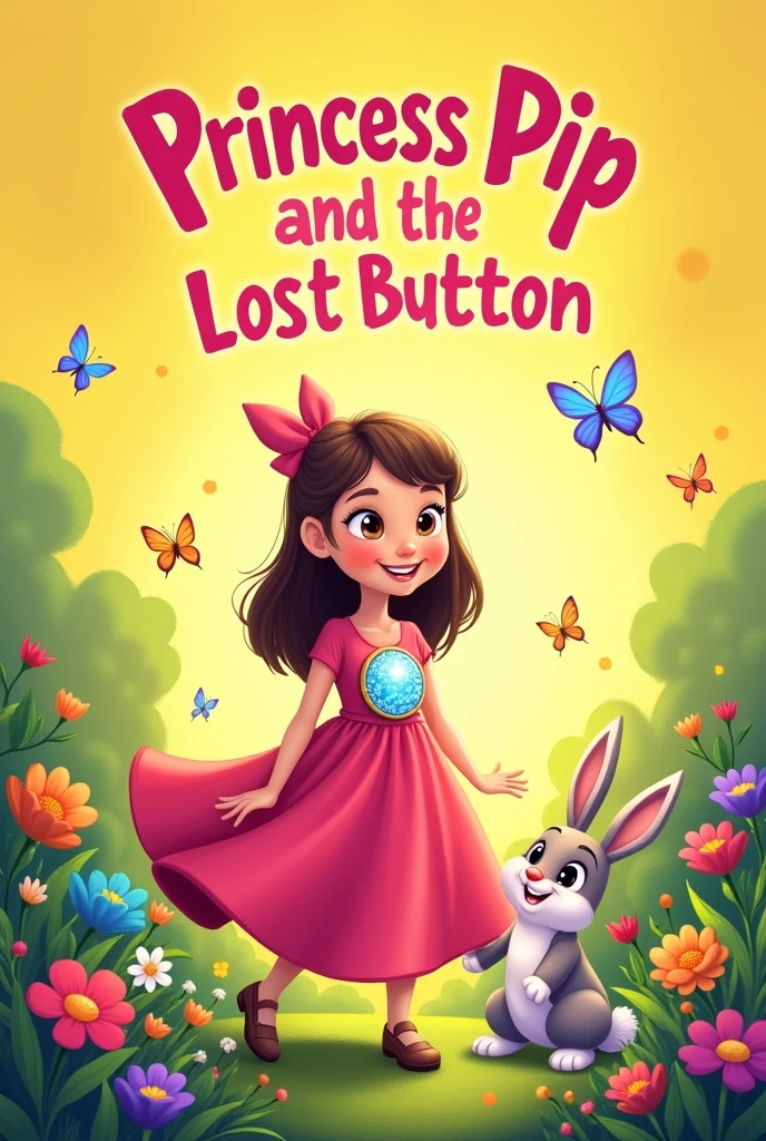 Cover Illustration:
- A whimsical scene depicting Princess Pip in her bright pink dress, with a big, sparkling button. She is standing in a lush green garden, surrounded by blooming flowers and butterflies. Bun Bun the bunny sits beside her, looking up at her with a playful smile. The overall tone of the illustration should be bright, cheerful, and inviting.
Imagine a cover with a sunny yellow background. Pip stands in the center, her pink dress flowing around her. The button on her dress is a large, sparkling gem, reflecting the sunlight. Bun Bun sits beside her, looking up at her with a mischievous grin. In the background, colorful flowers bloom, and butterflies dance in the air. The title "Princess Pip and the Lost Button" is written in a bold, playful font, with the author's name below it.