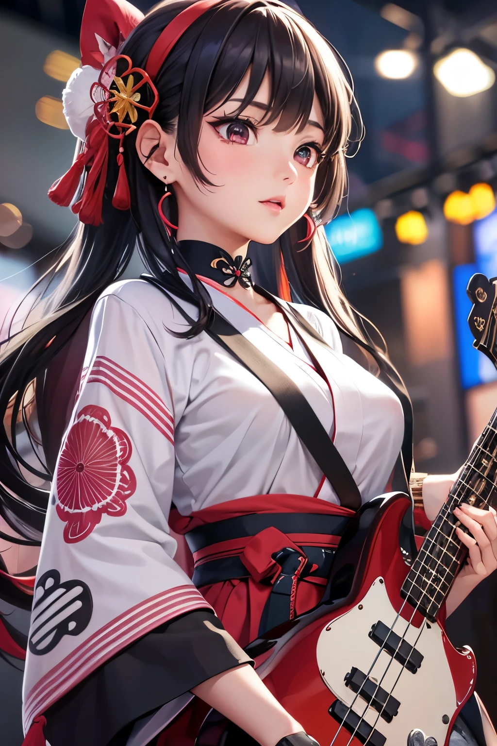 masterpiece, best quality, highly detailed, high resolution, expensive resolution, high resolution, 4k, 8k, Unity 8k wallpaper, highly detailed CG, masterpiece, 2d, 3d, beautiful details, depth, fine texture, best quality: 1.3, perfect focus, crispy skin, he, very cute anime girl, beautiful and cute girl in band playing bass guitar and singing in band wearing Japanese fancy patterned haori hakama on outdoor stage, full body, expensive black hair with pink inner short twin tail hair, mole under eye, looking at the viewer, expensive, blush, mole, open lips, , heart shaped choker, pink eyes, bass guitar, vocals, stage, outdoor festival stage