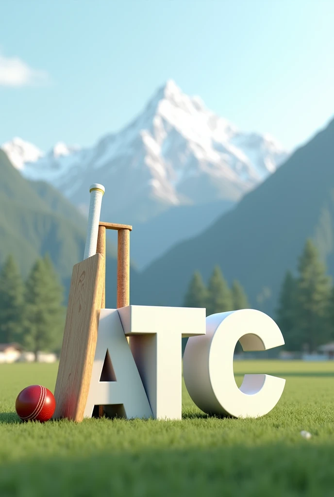 Create a picture of a cricket ground with mountains behind and only stumps bat and ball in the ground and written ATC in 3D on the ground pitch
