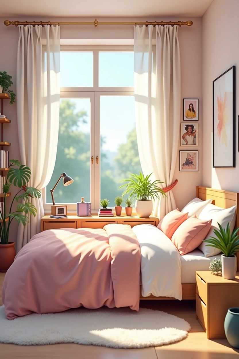 A cozy and stylish room of a woman in her early 20s, decorated with soft pastel colors. The room has a neatly made bed with fluffy pillows, a small desk with a laptop and some stationery, a bookshelf filled with books and a few potted plants. There’s a large window with sheer curtains letting in soft, natural light. The floor is covered with a light-colored rug, and there are a few personal items like framed photos, makeup, and a few fashion magazines scattered around the room. The atmosphere is warm and inviting, reflecting the personality of a young, creative woman,