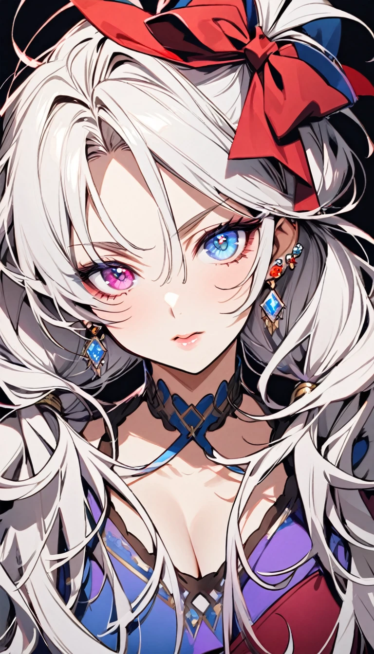 girl, mature, white hair, diamond earings, long hair, low twin tails, red bow on hair, two color eyes, blue right eye, purple left eye, adult. front face, beautiful
