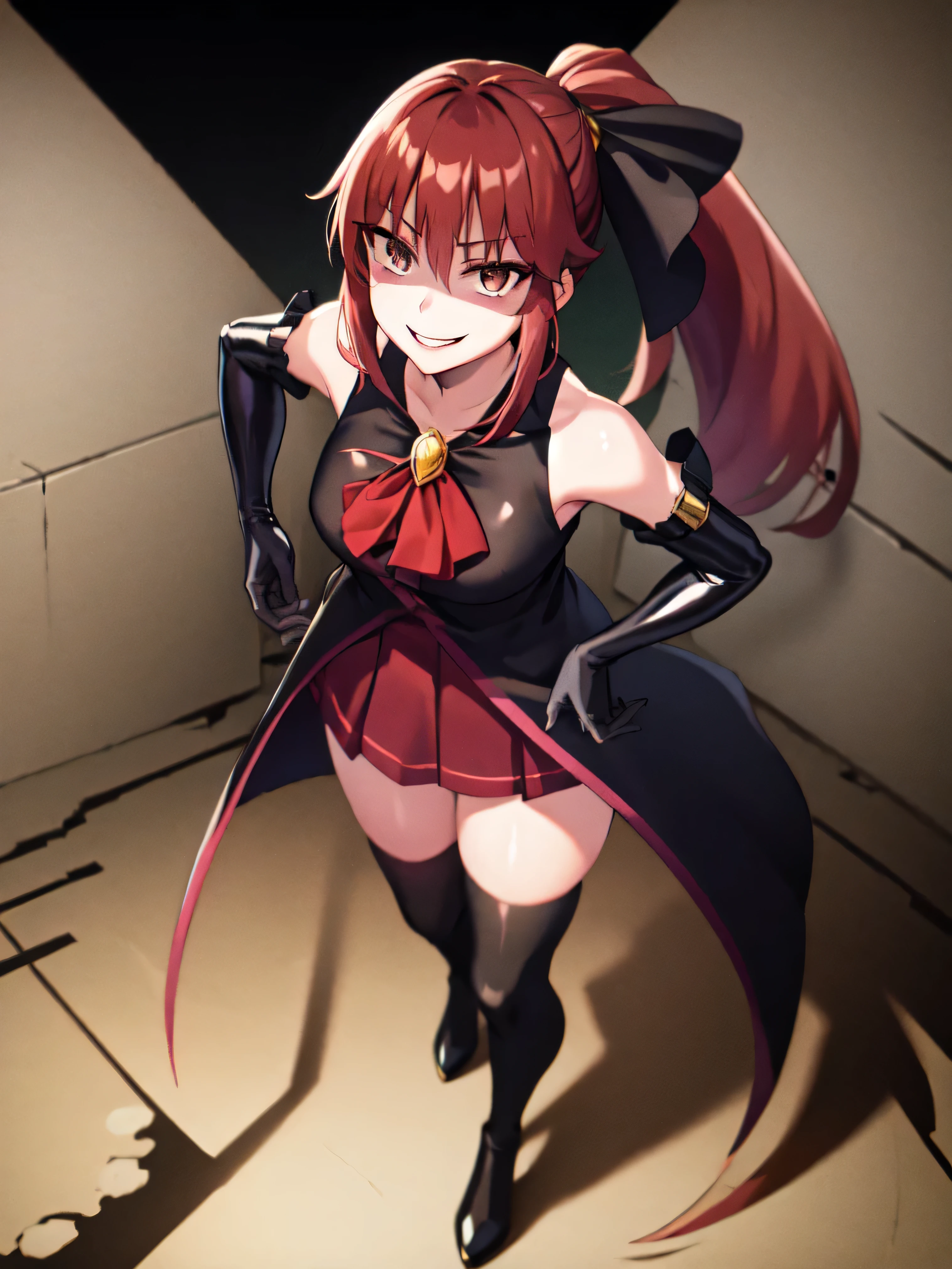 Highest quality, masterpiece, One Girl,Not beautiful, Red Ponytail, Long dress, brooch, Hair Ribbon, Black knee socks, Standing on the rubble, (Evil smile:1.1), ,,Dark shadow face,Sadistic smile,Malice,Contempt,smile,latex,Bad face,,Red Skirt,both hands,Two legs,Five Fingers,Evil background,Elbow hand pockets,latex, Evil smile, Debish Aura (Shiny fabric:1.5),Dark world background,独奏,