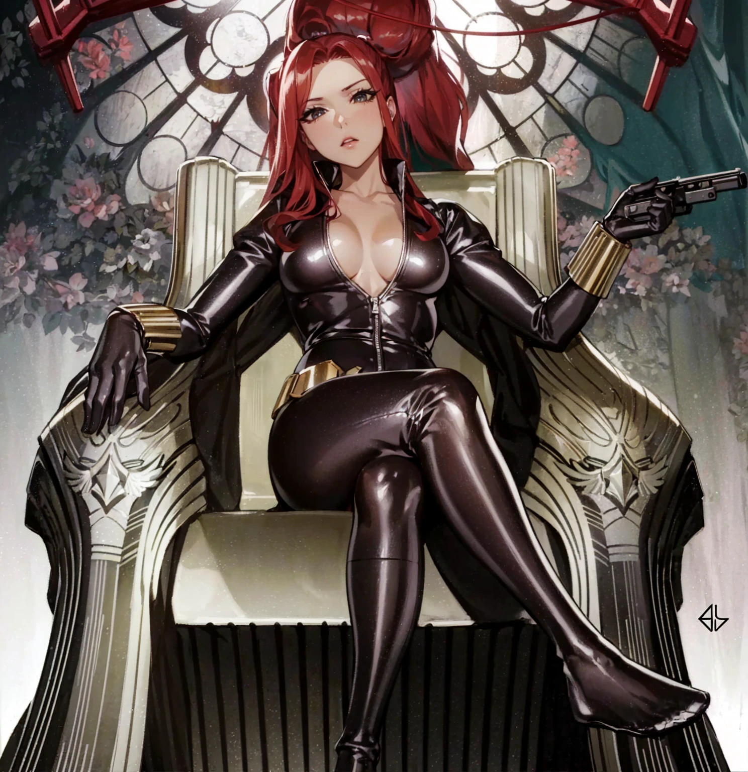 The image depicts a red-haired girl sitting on a throne. She sports a sleek skin-tight shiny black latex bodysuit with a deep-cut zipper neckline revealing a large chest, the silver zipper running down the front. The suit is complemented by her golden wrist guard on both wrists and a belt of shiny golden circles around her waist. The girl is portrayed as holding a gun in each of her hands, highlighting a sense of power and assertiveness. The backdrop consists of architectural features and the color palette predominantly includes shades of gray.